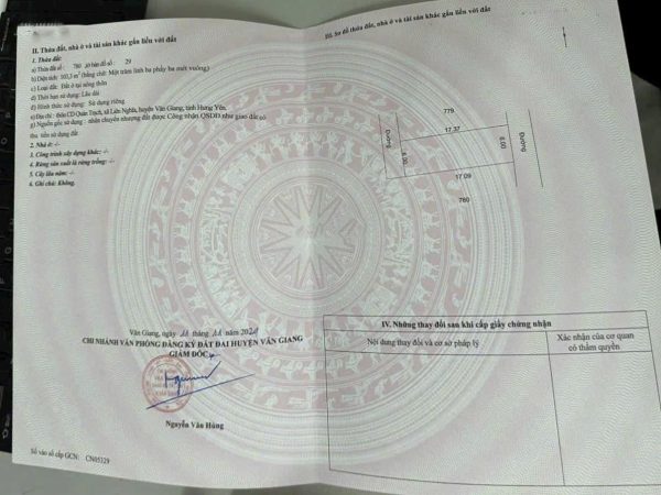 Cần bán nhanh 103.3m2 đất thổ cư Liên Nghĩa - Văn Giang đường ô tô vào thoải mái giá chỉ 33.5 triệu/m2