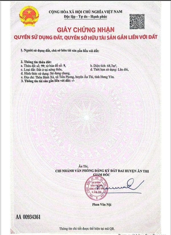 Chính chủ bán gấp lô đất 68m² giá tốt tại xã Tiền Phong, Ân Thi, Hưng Yên